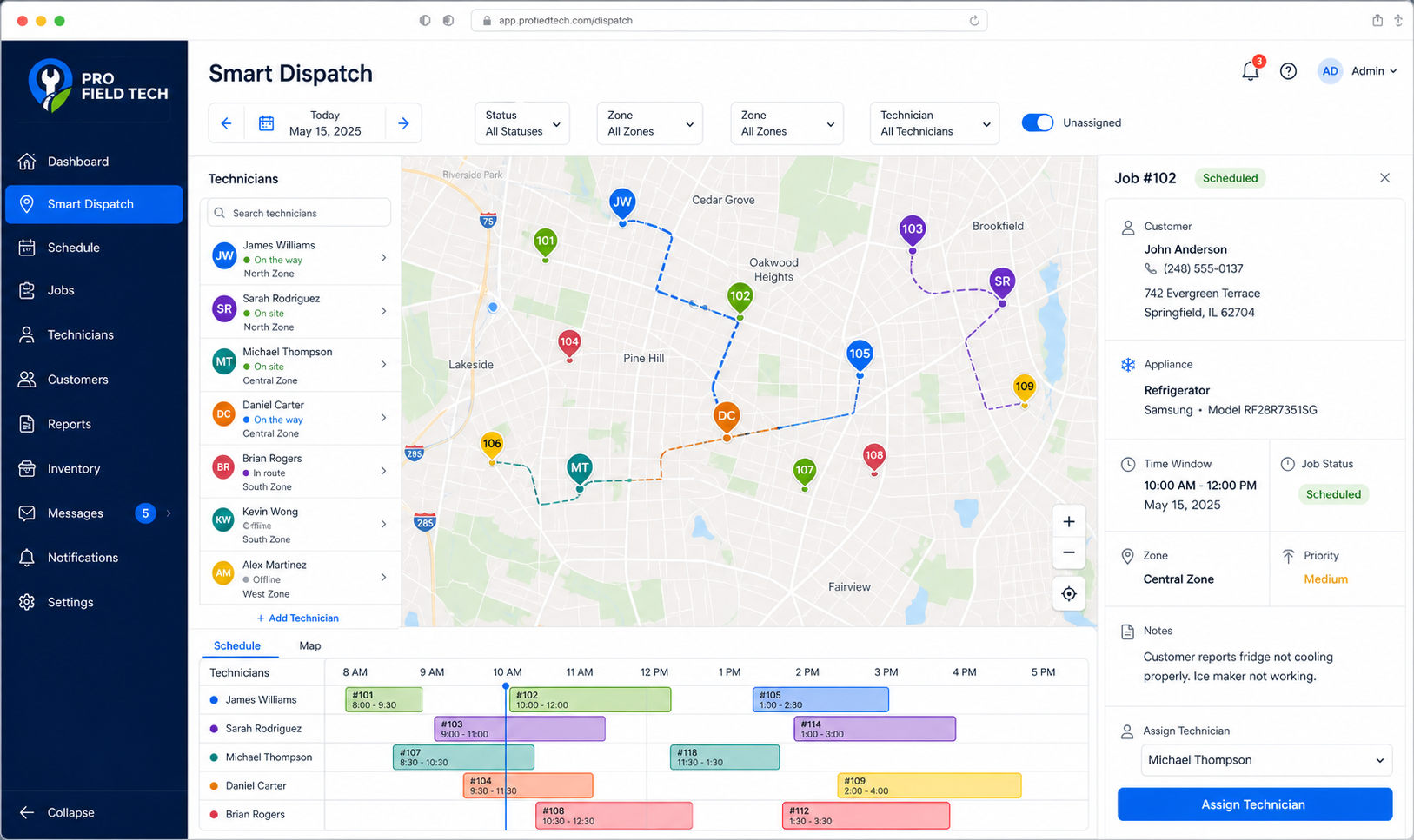 Pro Field Tech Smart Dispatch dashboard showing a live map with technician location pins, route lines, a technician list with availability status, a daily schedule grid, and a job detail panel for Job #102 assigned to Michael Thompson