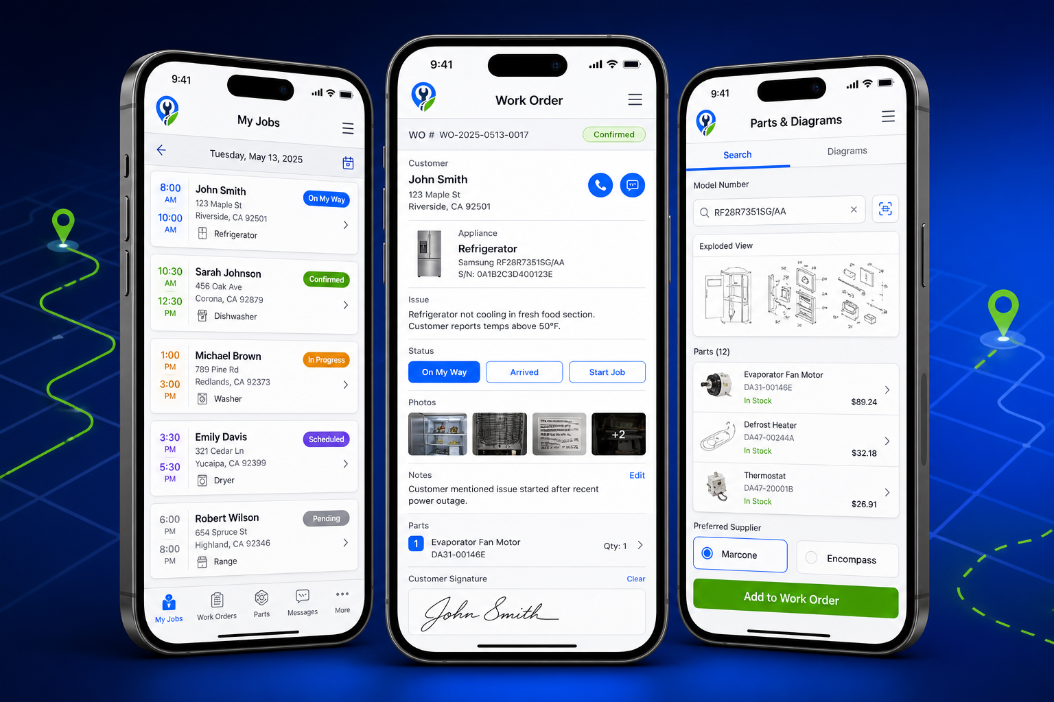 Pro Field Tech iOS app showing three screens side by side: My Jobs list with technician schedule, Work Order detail with customer info and digital signature, and Parts and Diagrams with model search and Marcone/Encompass supplier selection